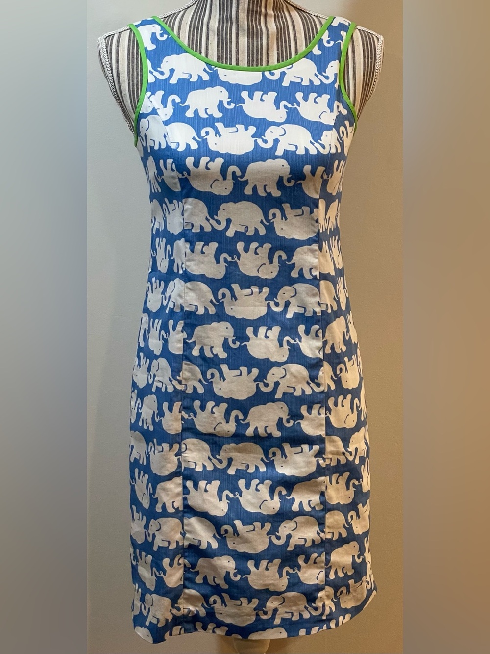 Lilly Pulitzer Blue and White Elephant Print Dress with Lime Trim